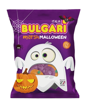 Marshmallow Bulgari Agostino - busta medium Malloween con zucche e teschi viola