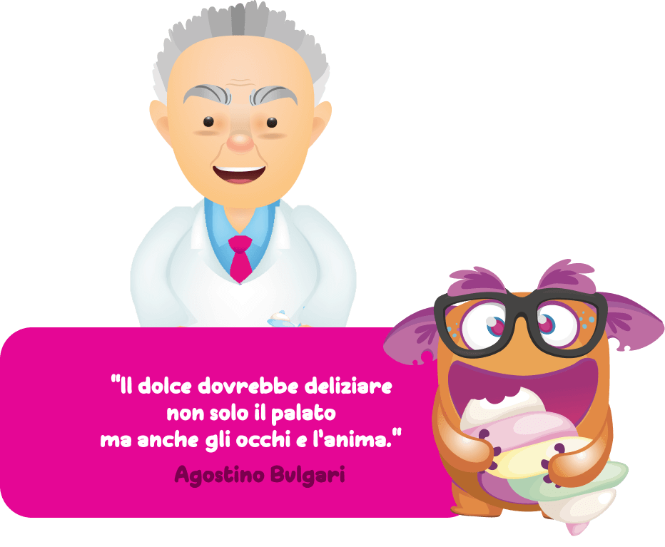 Agostino Bulgari con un mostro arancione che mangia un marshmallow a forma di treccia